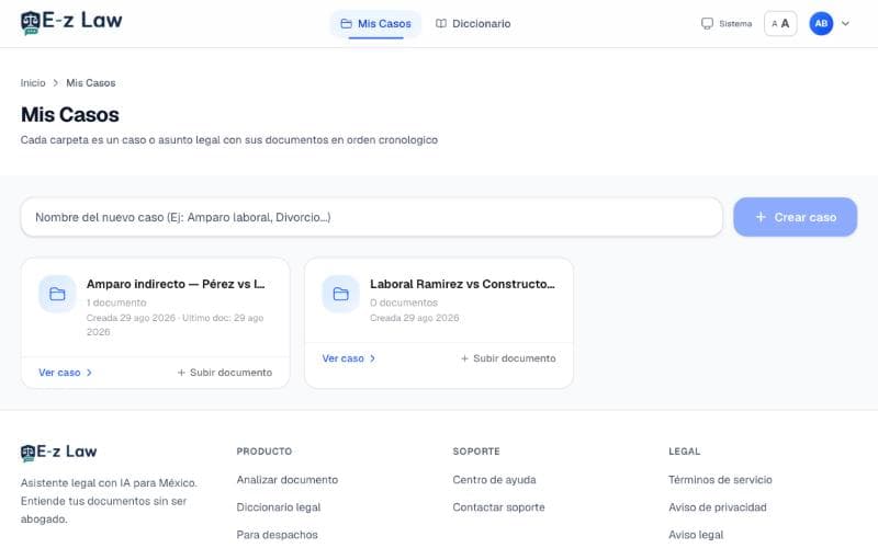 Lista de casos en E-Z Law: cada asunto con su nombre, cuántos documentos tiene y cuándo se movió por última vez